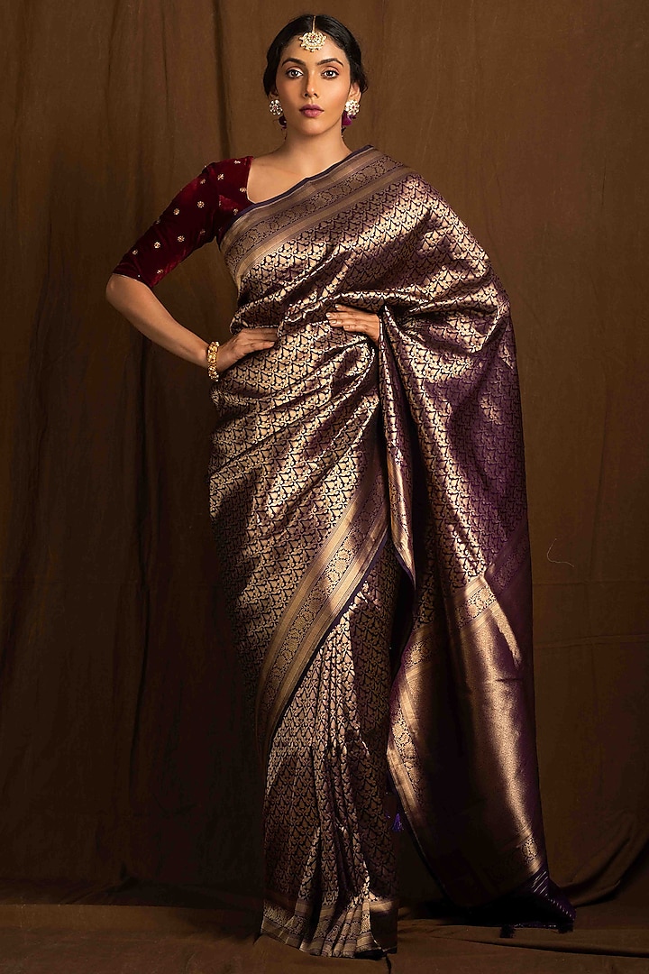 Deep Purple Pure Katan Silk Handwoven Banarasi Saree by Devissha