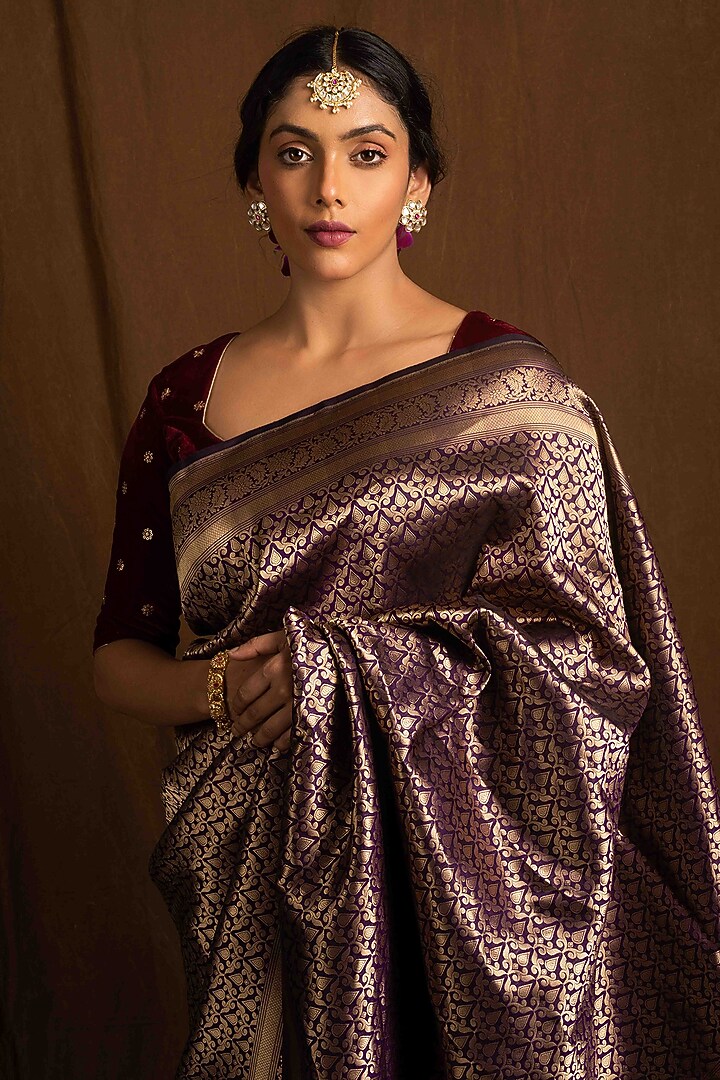 Deep Purple Pure Katan Silk Handwoven Banarasi Wedding Saree by Devissha at Pernia's Pop Up Shop