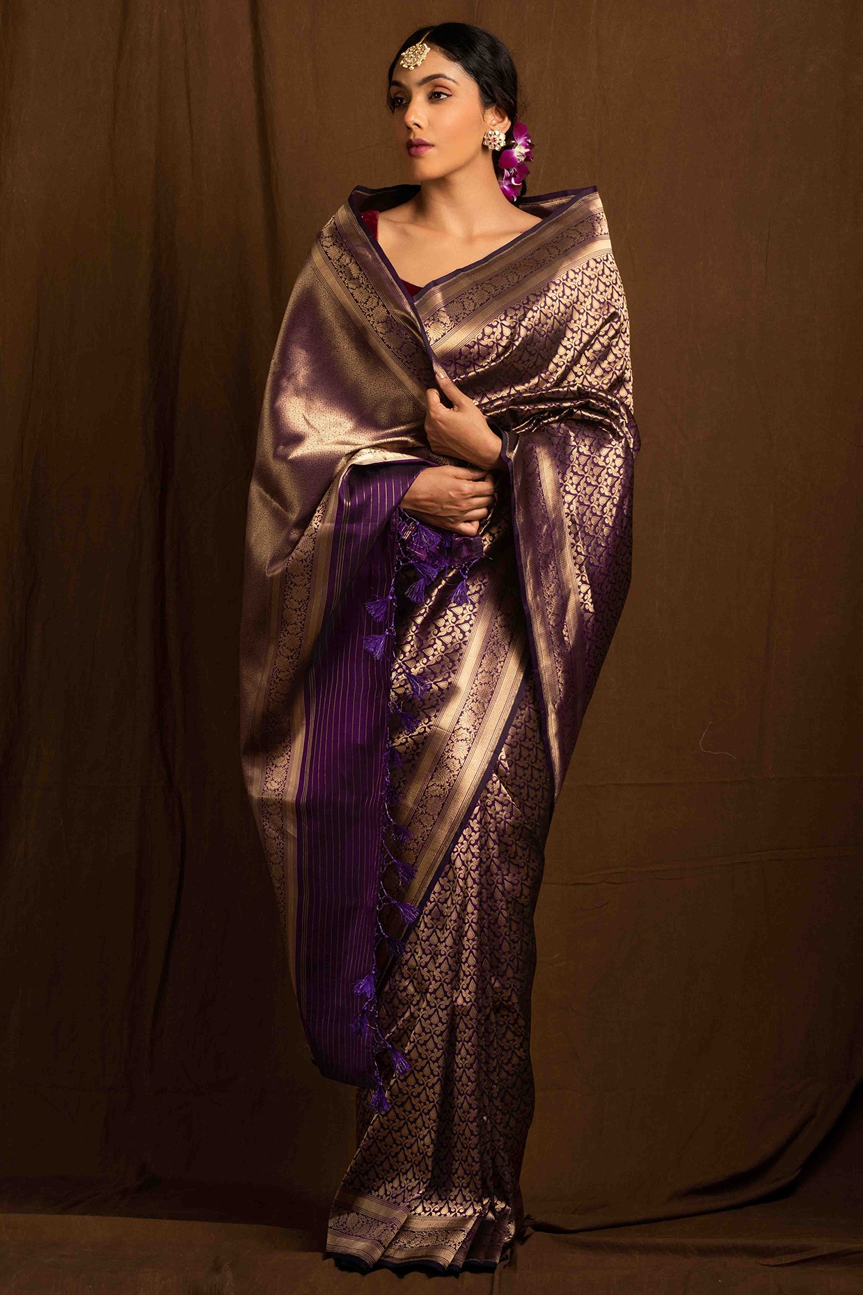 Dark purple and dark pink pure banarasi chiffon sarees