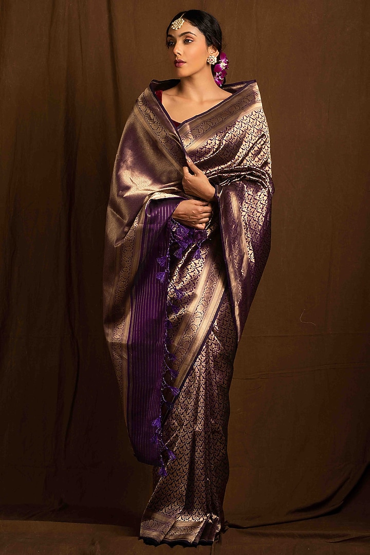 Deep Purple Pure Katan Silk Handwoven Banarasi Wedding Saree by Devissha at Pernia's Pop Up Shop