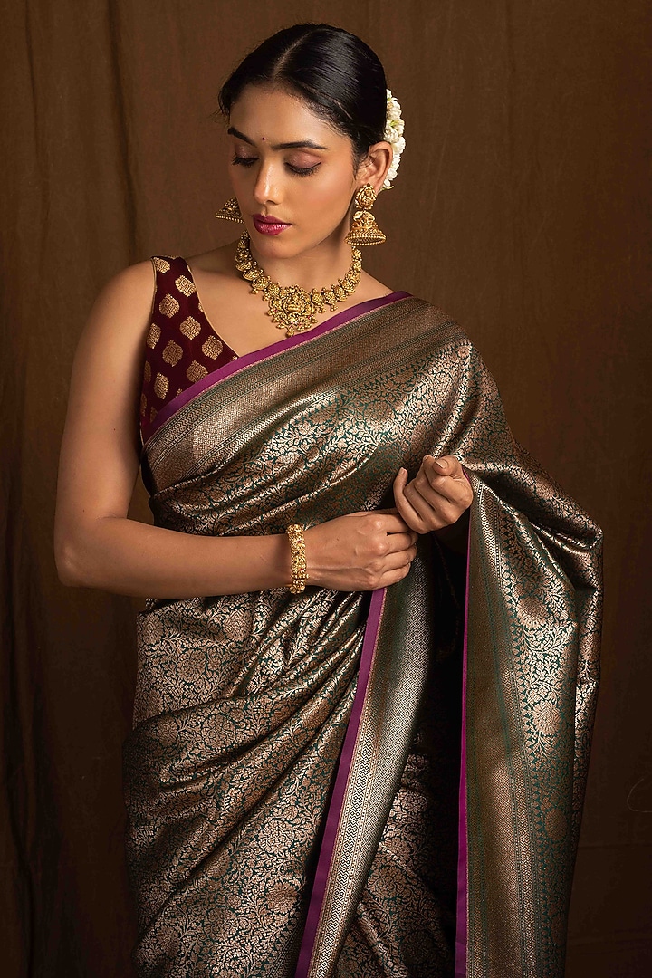Green Banarasi Silk Party Wear Saree by Devissha at Pernia's Pop Up Shop