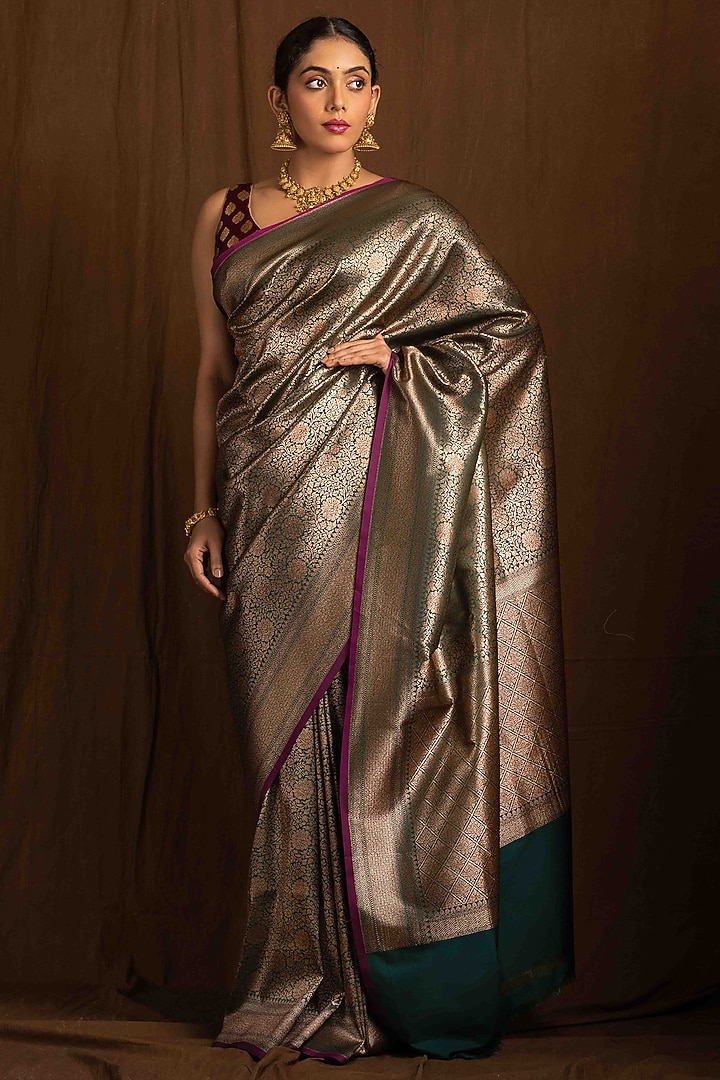 Green Banarasi Silk Party Wear Saree by Devissha at Pernia's Pop Up Shop