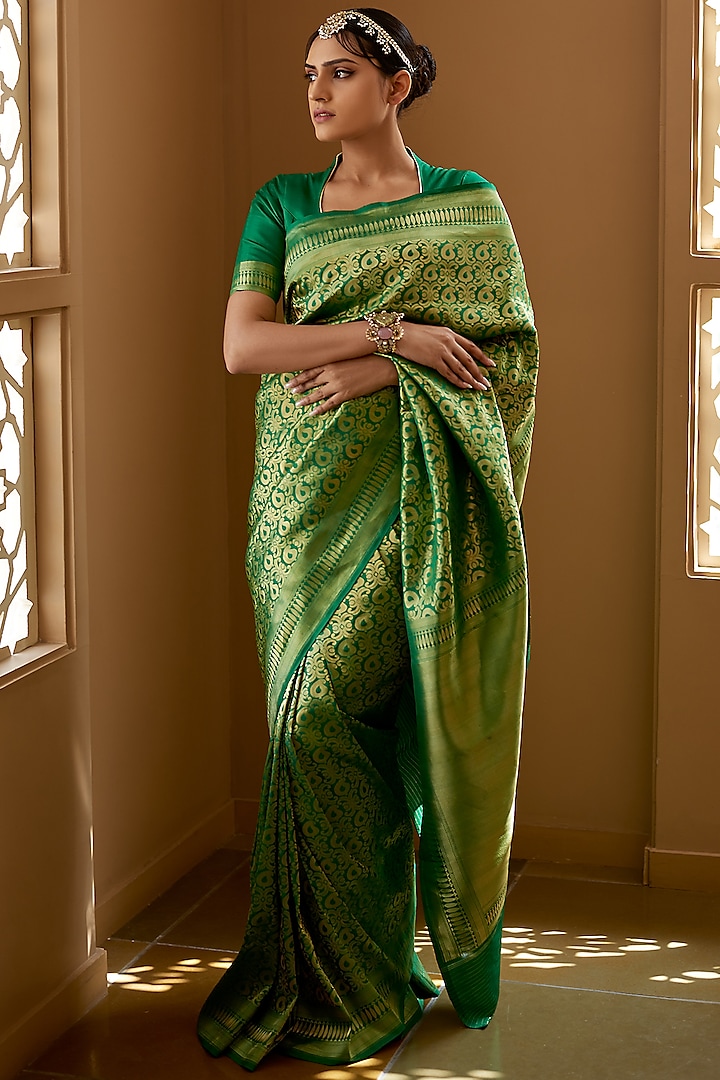 Green Pure Katan Silk Handloom Banarasi Saree by Devissha