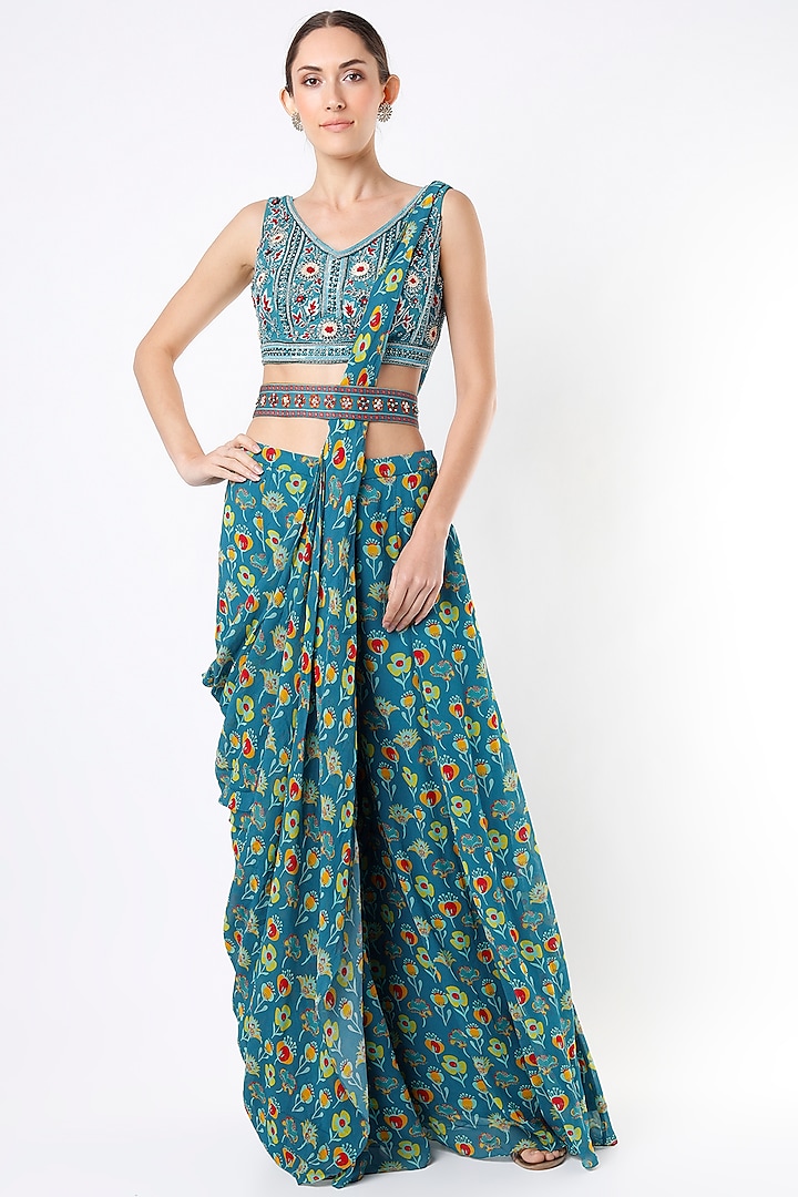 Teal Blue Cotton Silk & Georgette Floral Printed Sharara Saree Set With Belt by DiyaRajvvir