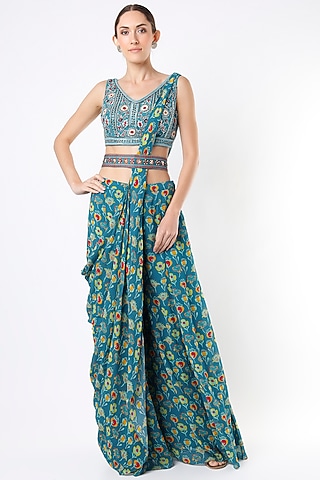 Teal Blue Cotton Silk & Georgette Floral Printed Sharara Saree Set With Belt by DiyaRajvvir
