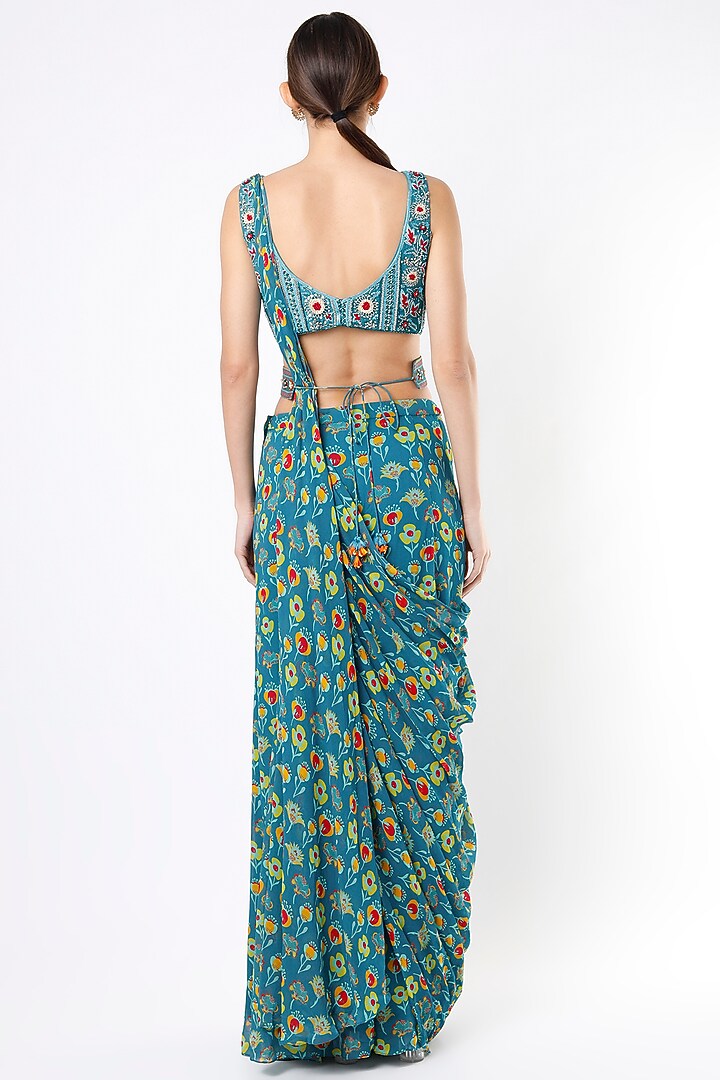 Teal Blue Cotton Silk & Georgette Floral Printed Sharara Wedding Saree Set With Belt by DiyaRajvvir at Pernia's Pop Up Shop