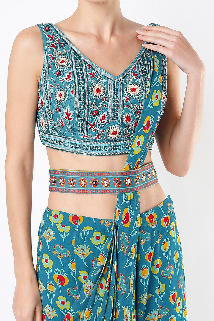 Teal Blue Cotton Silk & Georgette Floral Printed Sharara Wedding Saree Set With Belt by DiyaRajvvir at Pernia's Pop Up Shop