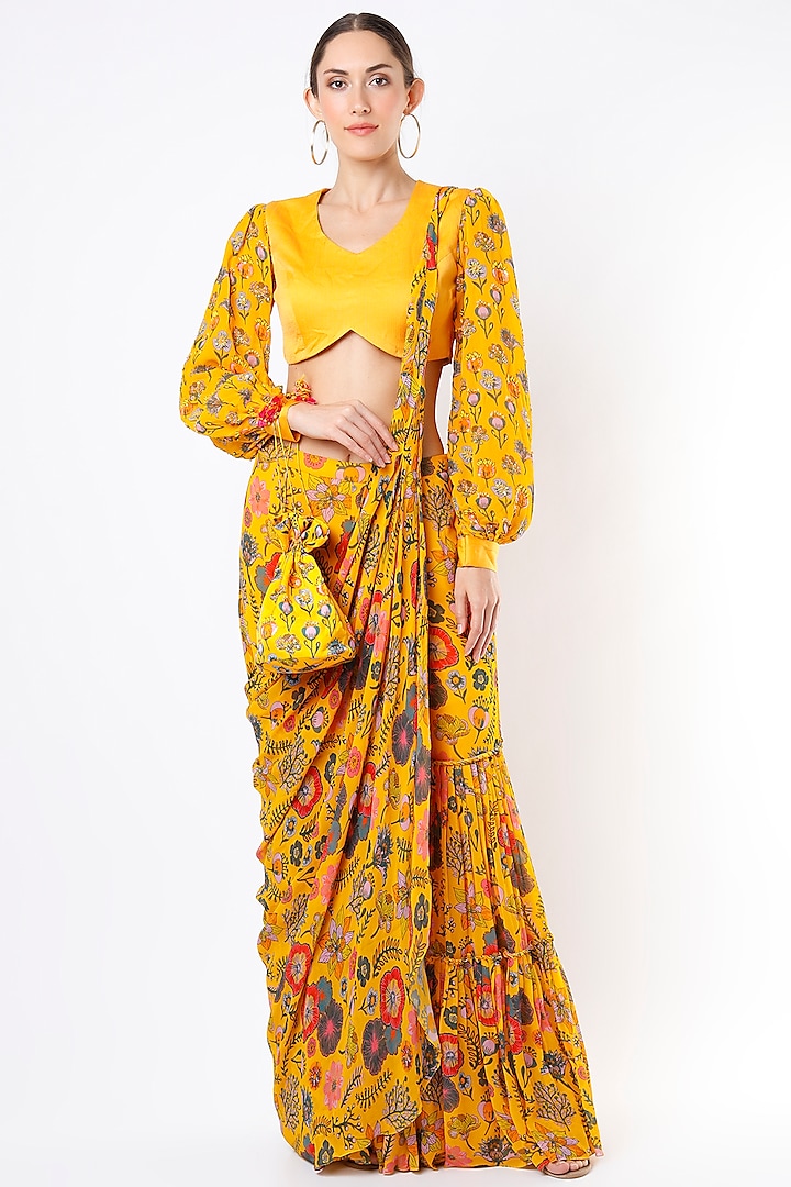 Yellow Printed Gharara Saree Set by DiyaRajvvir