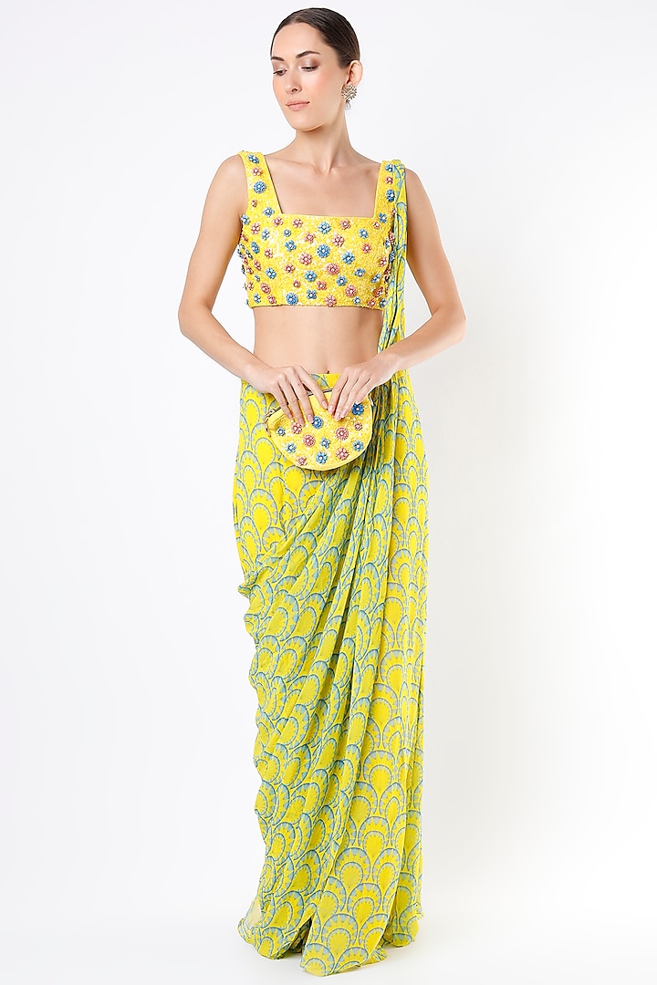 Lime Cotton Silk & Georgette Digital Printed Sharara Saree Set by DiyaRajvvir