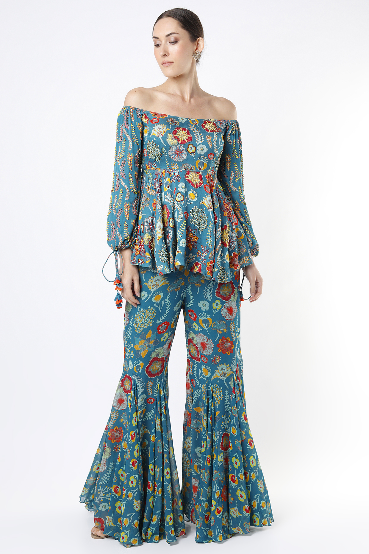 Teal Blue Printed Pant Set by DiyaRajvvir at Pernia's Pop Up Shop