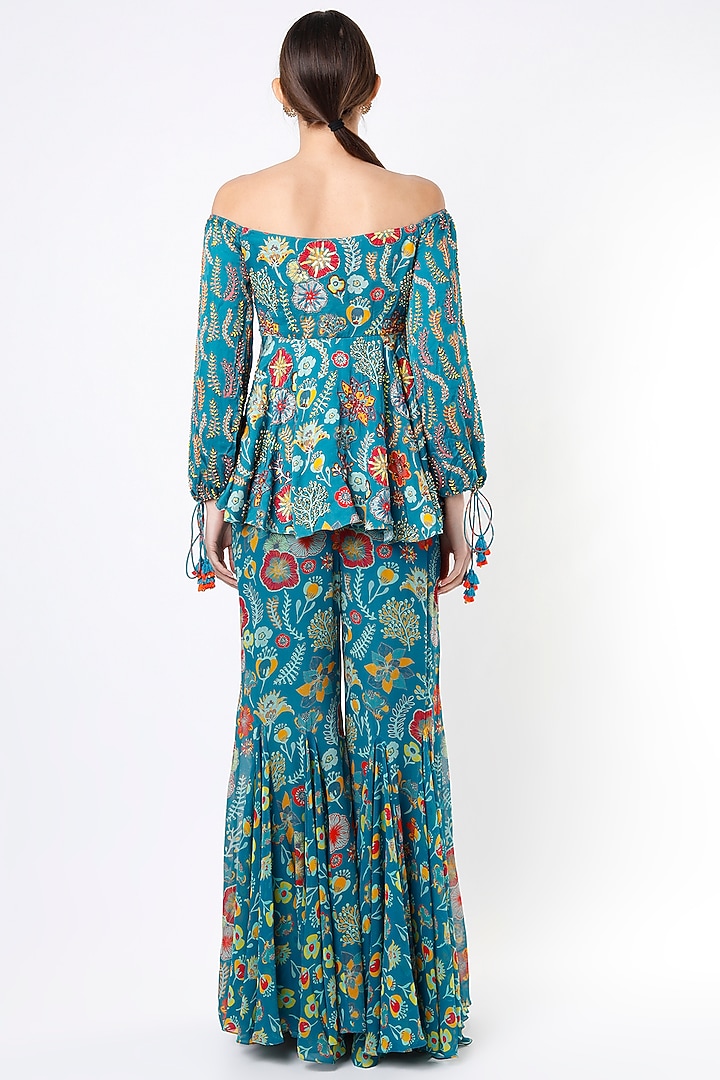 Teal Blue Printed Pant Set by DiyaRajvvir at Pernia's Pop Up Shop