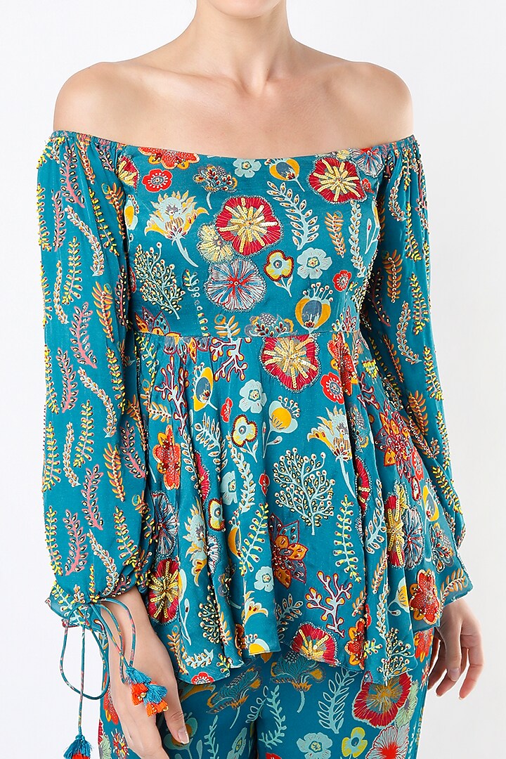 Teal Blue Printed Pant Set by DiyaRajvvir at Pernia's Pop Up Shop