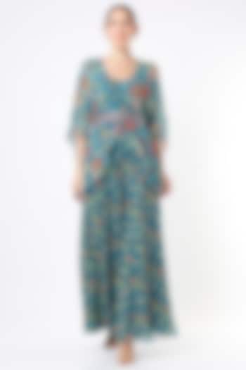 Teal Blue Floral Printed Cape Set by DiyaRajvvir at Pernia's Pop Up Shop