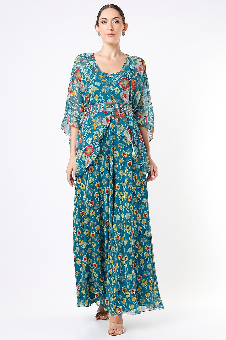 Teal Blue Floral Printed Cape Set by DiyaRajvvir at Pernia's Pop Up Shop