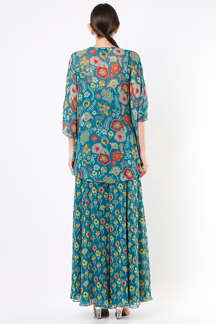Teal Blue Floral Printed Cape Set by DiyaRajvvir at Pernia's Pop Up Shop
