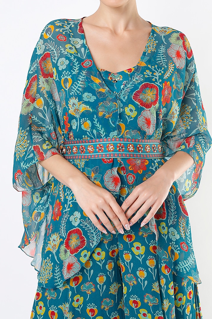 Teal Blue Floral Printed Cape Set by DiyaRajvvir at Pernia's Pop Up Shop