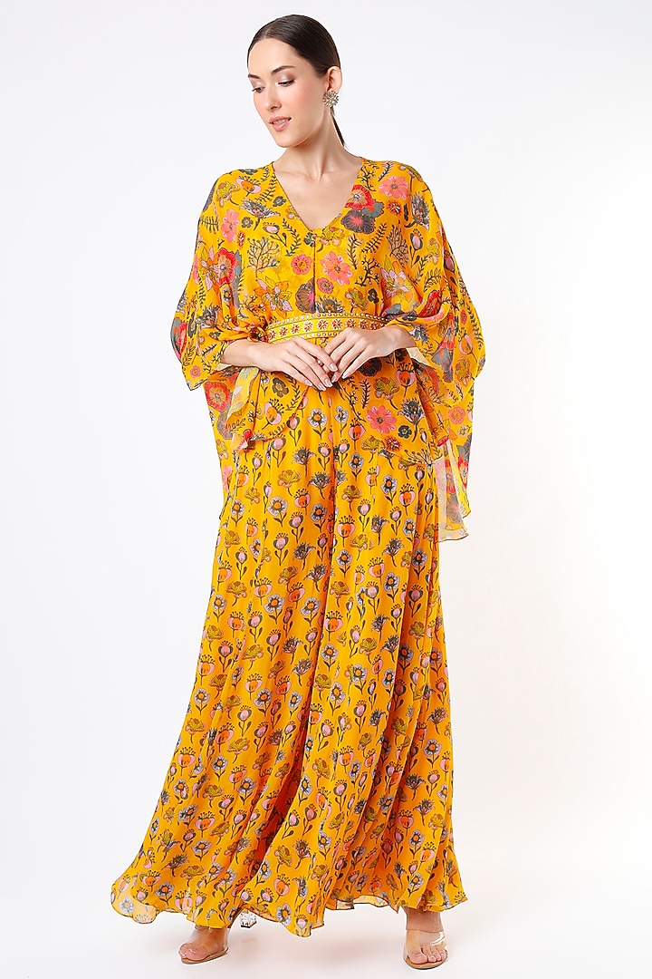 Mustard Floral Printed Cape Set by DiyaRajvvir at Pernia's Pop Up Shop