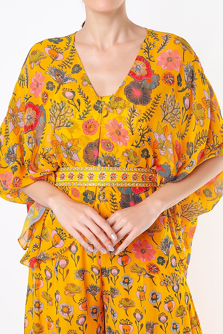 Mustard Floral Printed Cape Set by DiyaRajvvir at Pernia's Pop Up Shop