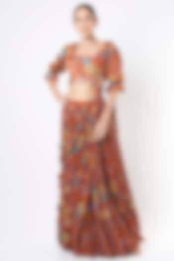 Rust Printed Skirt Saree Set by DiyaRajvvir at Pernia's Pop Up Shop