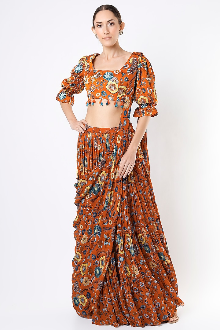 Rust Printed Skirt Saree Set by DiyaRajvvir at Pernia's Pop Up Shop