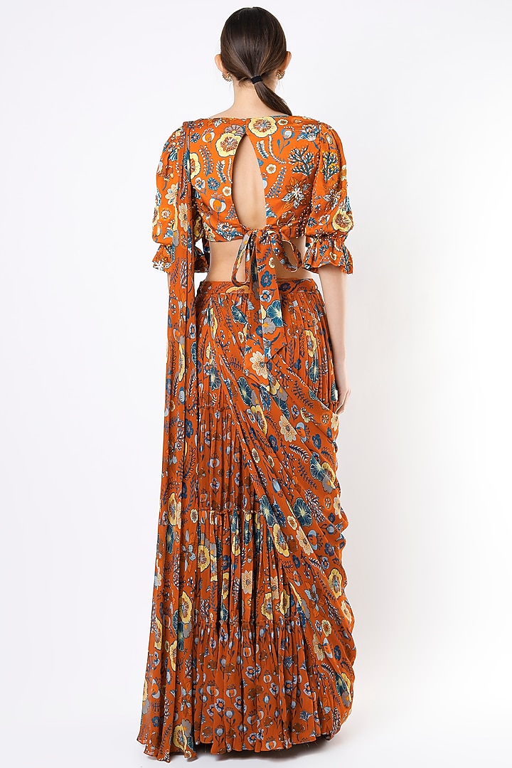 Rust Printed Skirt Wedding Saree Set by DiyaRajvvir at Pernia's Pop Up Shop
