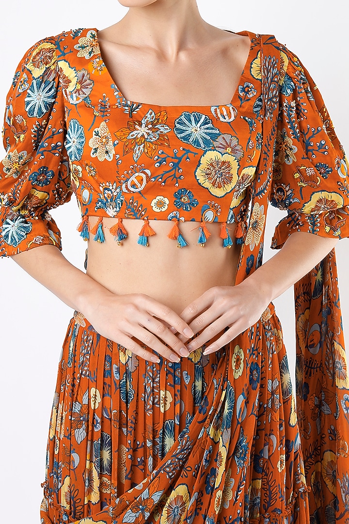 Rust Printed Skirt Wedding Saree Set by DiyaRajvvir at Pernia's Pop Up Shop