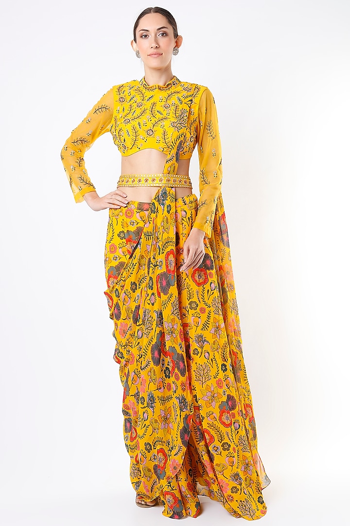 Mustard Cotton Silk & Georgetet Digital Printed Sharara Saree Set by DiyaRajvvir
