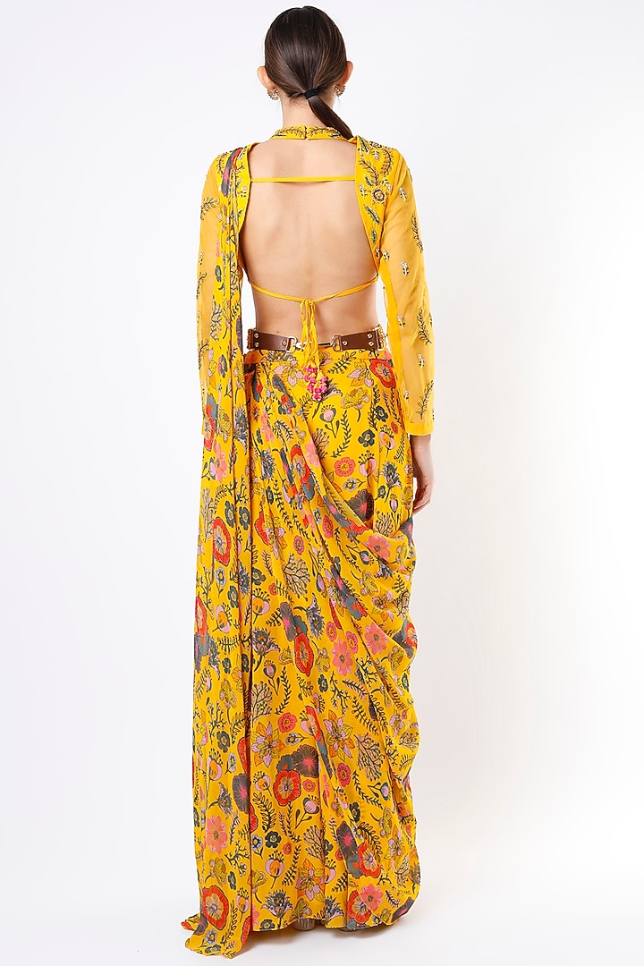 Mustard Cotton Silk & Georgetet Digital Printed Sharara Wedding Saree Set by DiyaRajvvir at Pernia's Pop Up Shop