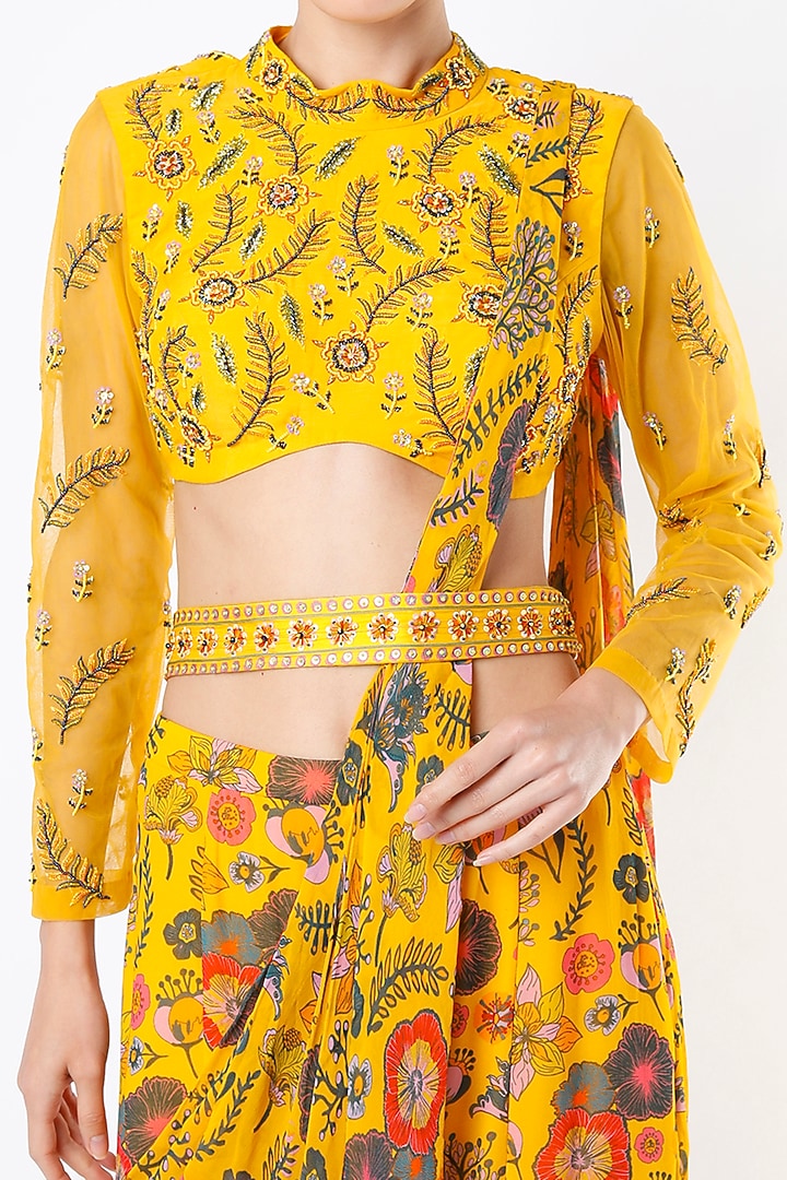 Mustard Cotton Silk & Georgetet Digital Printed Sharara Wedding Saree Set by DiyaRajvvir at Pernia's Pop Up Shop