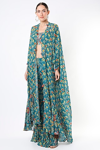 Teal Blue Printed Pant Set With Cape by DiyaRajvvir