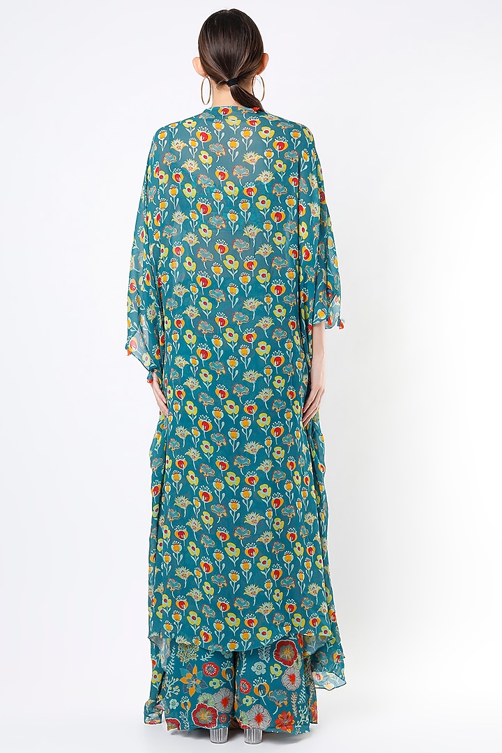 Teal Blue Printed Pant Set With Cape by DiyaRajvvir at Pernia's Pop Up Shop