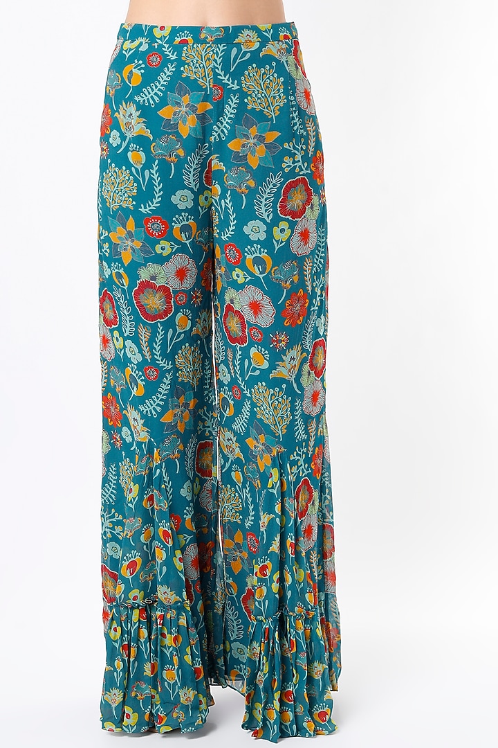 Teal Blue Printed Pant Set With Cape by DiyaRajvvir at Pernia's Pop Up Shop