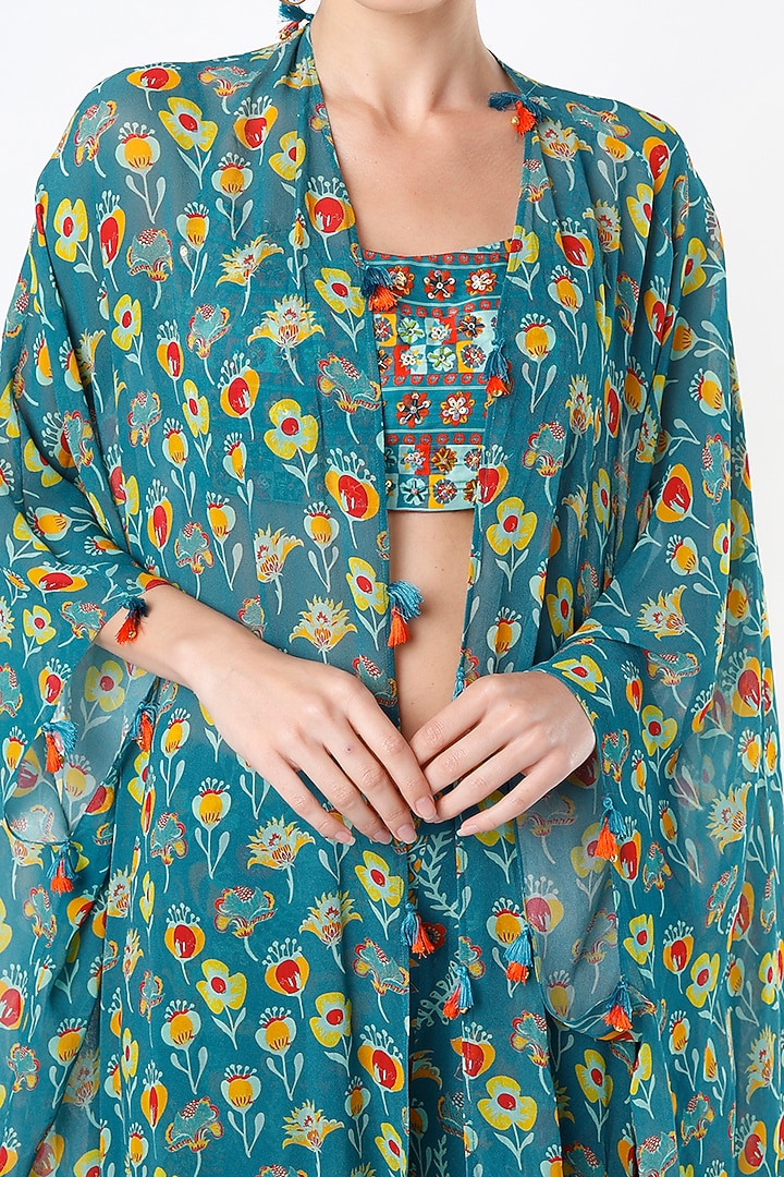 Teal Blue Printed Pant Set With Cape by DiyaRajvvir at Pernia's Pop Up Shop