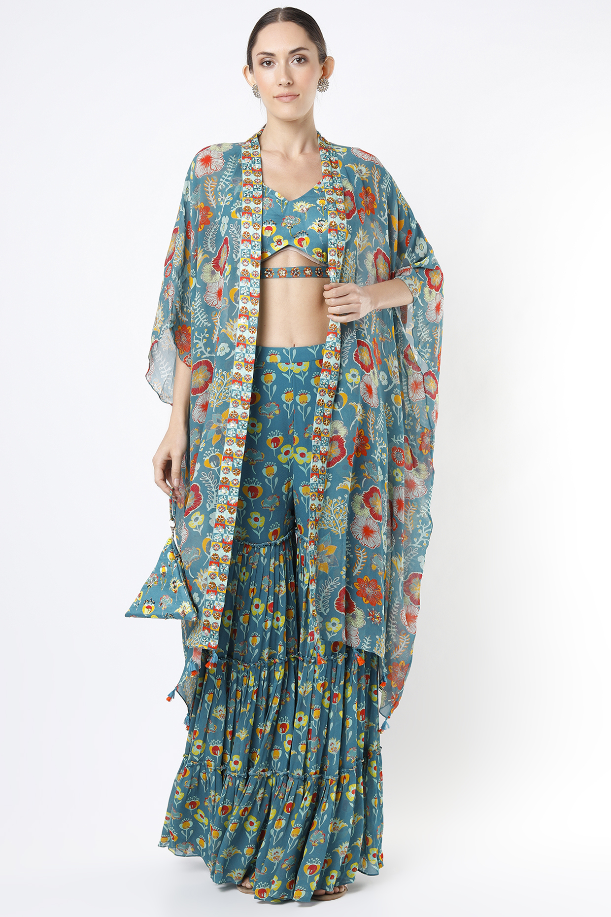 Teal Blue Printed Gharara Set by DiyaRajvvir at Pernia's Pop Up Shop