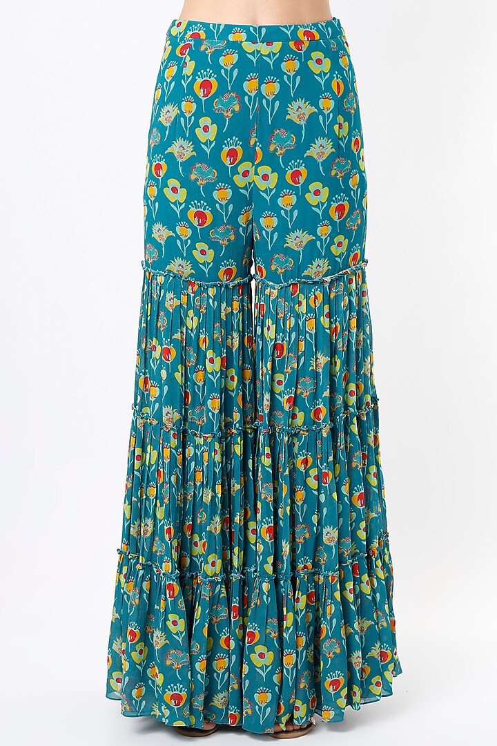 Teal Blue Printed Gharara Set by DiyaRajvvir at Pernia's Pop Up Shop