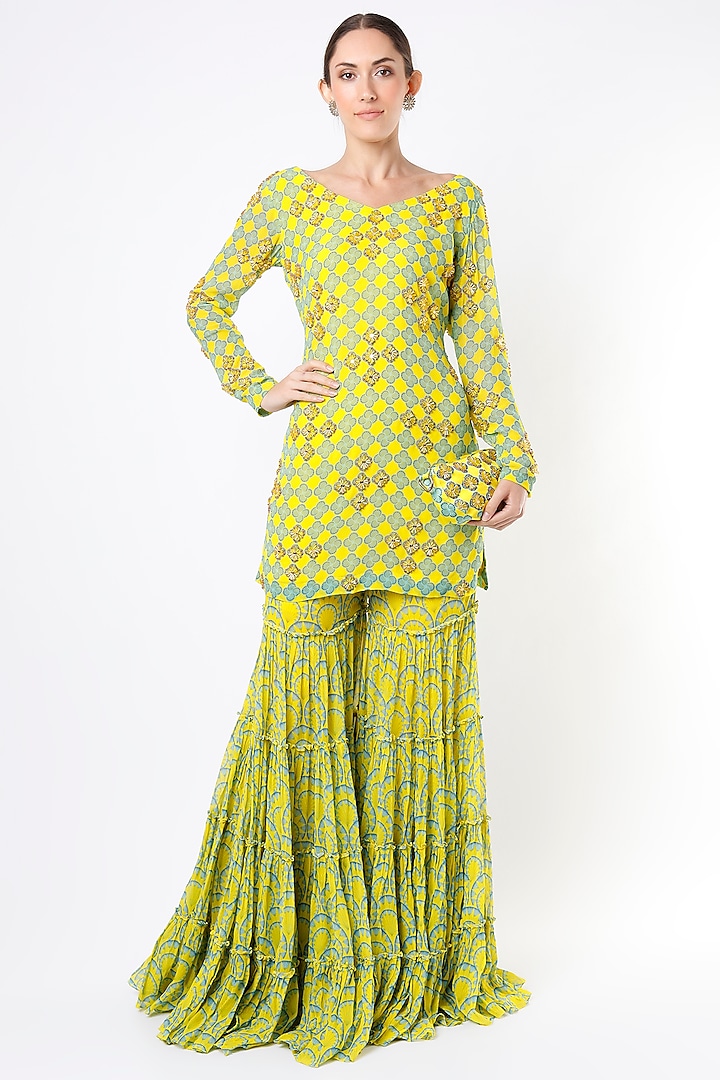 Yellow & Blue Printed Sharara Set by DiyaRajvvir at Pernia's Pop Up Shop