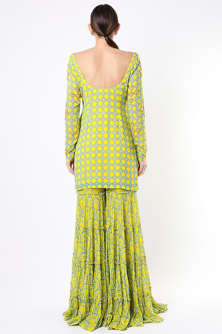 Yellow & Blue Printed Wedding Sharara Set by DiyaRajvvir at Pernia's Pop Up Shop