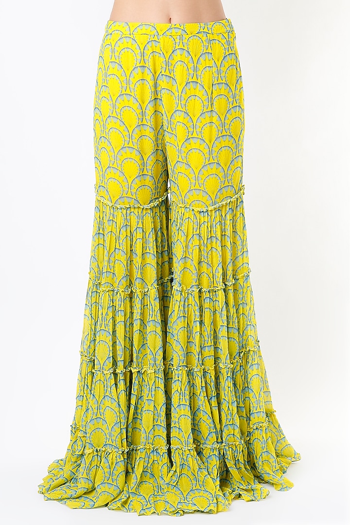 Yellow & Blue Printed Wedding Sharara Set by DiyaRajvvir at Pernia's Pop Up Shop
