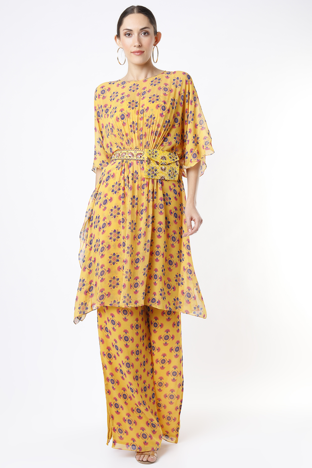 Mustard Printed Kaftan Set by DiyaRajvvir