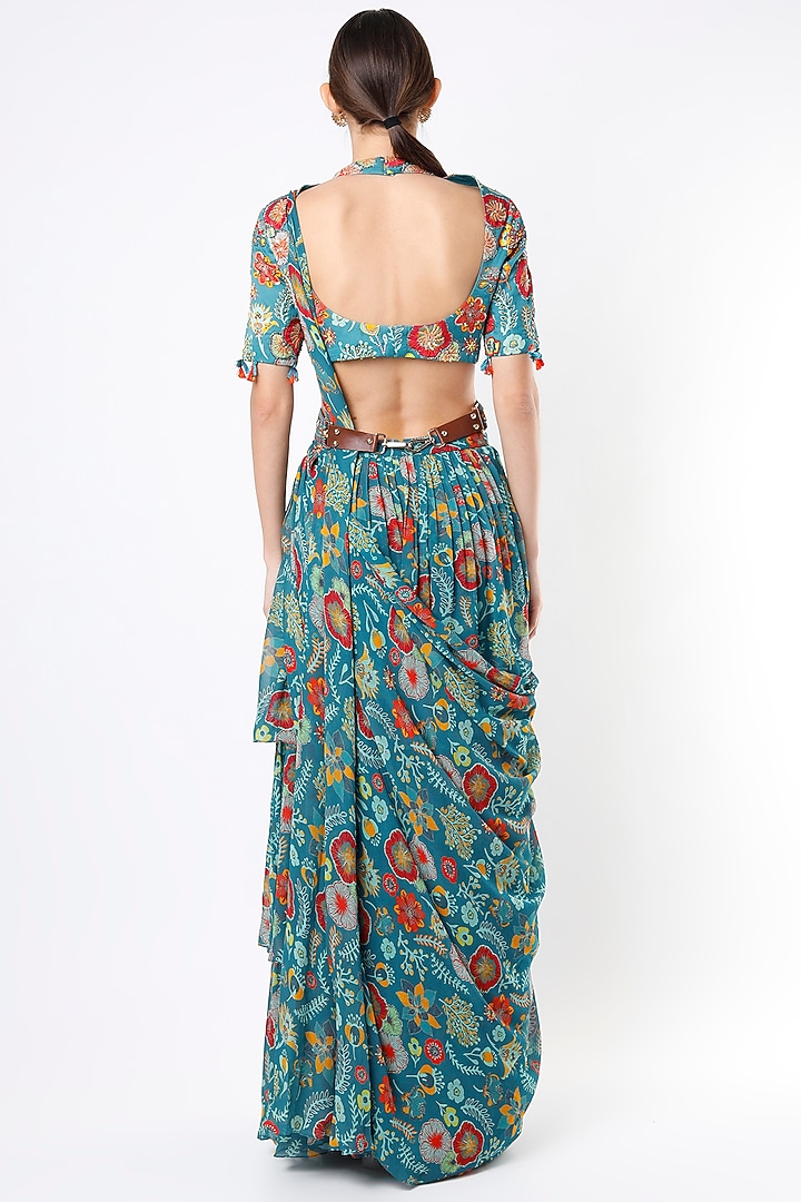 Teal Blue Modal & Georgette Digital Printed Layered Wedding Saree Set by DiyaRajvvir at Pernia's Pop Up Shop