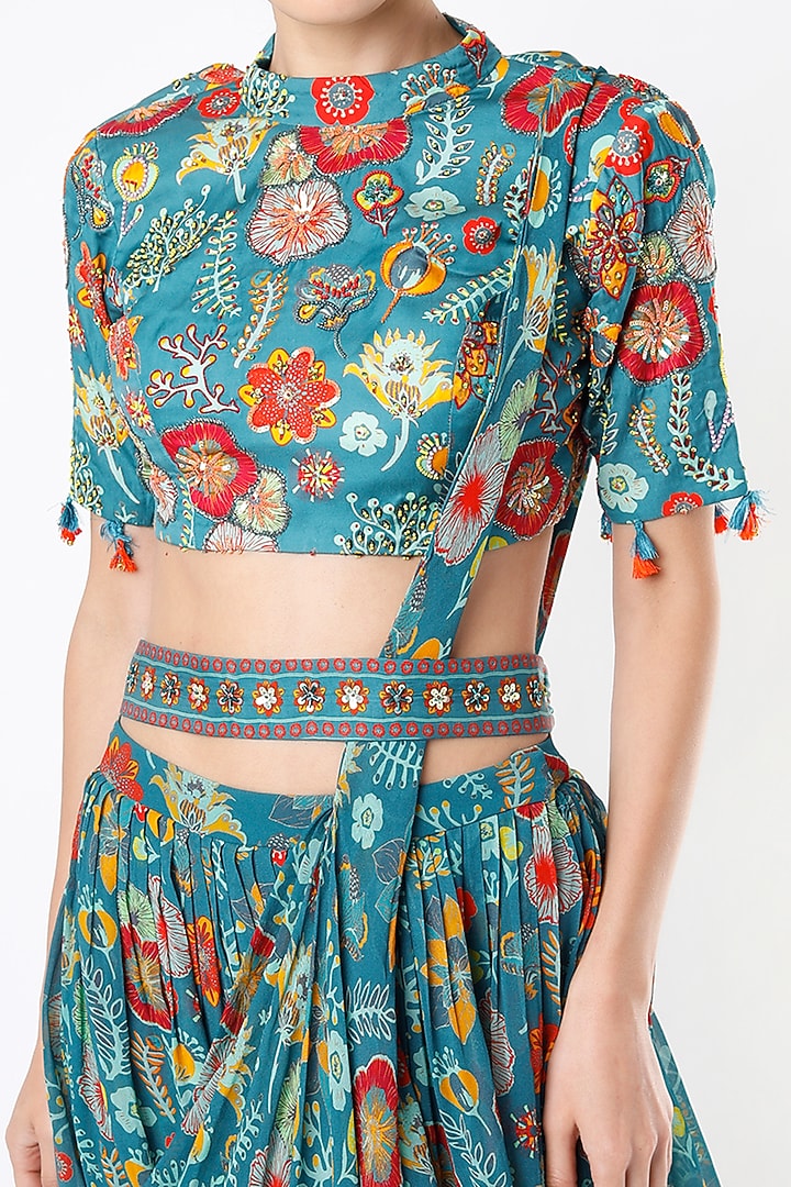 Teal Blue Modal & Georgette Digital Printed Layered Wedding Saree Set by DiyaRajvvir at Pernia's Pop Up Shop