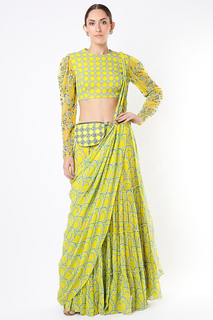 Lime Modal & Georgette Digital Printed Gharara Saree Set by DiyaRajvvir