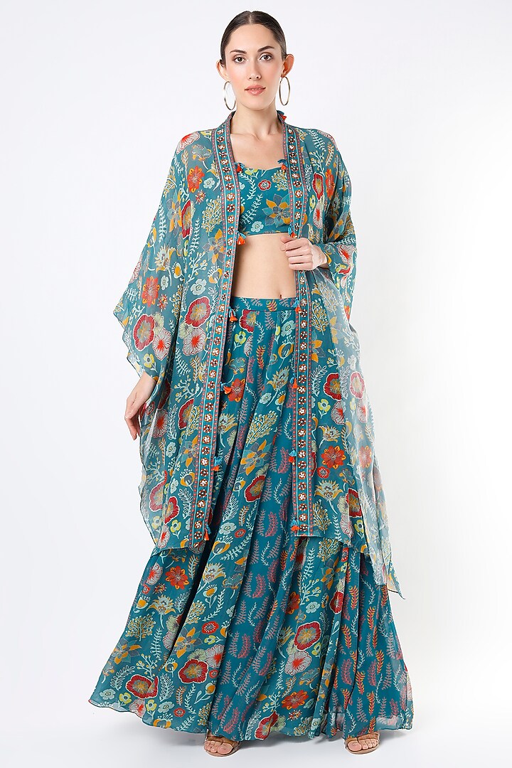 Sky Blue Printed Kalidar Skirt Set by DiyaRajvvir at Pernia's Pop Up Shop