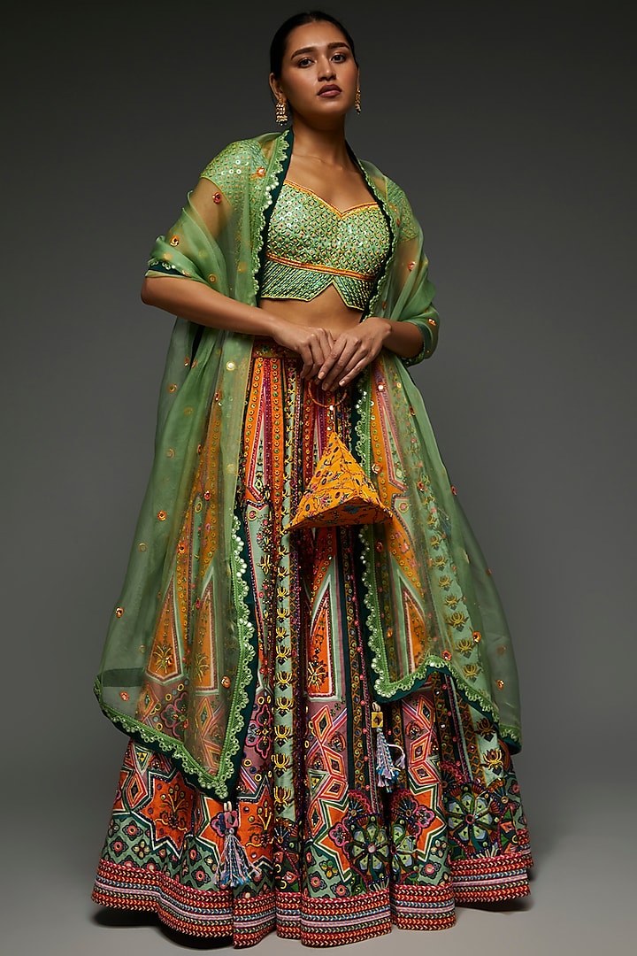 Multi-Colored Raw Silk Printed & Embroidered Lehenga Set by DiyaRajvvir