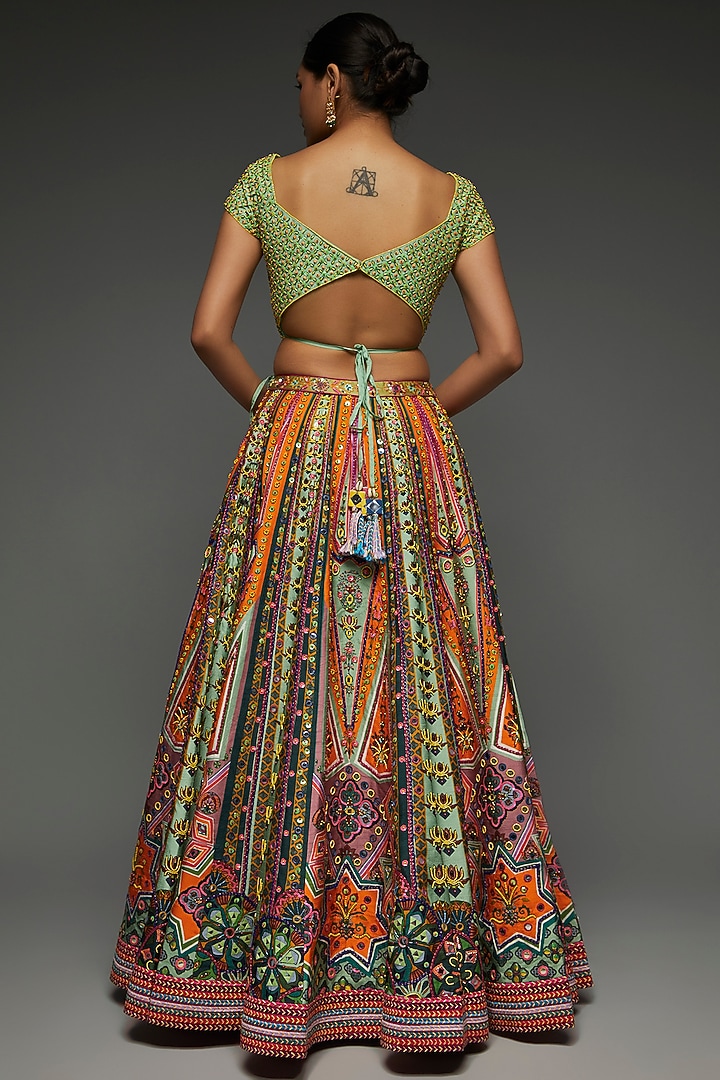 Multi-Colored Raw Silk Printed & Embroidered Wedding Lehenga Set by DiyaRajvvir at Pernia's Pop Up Shop