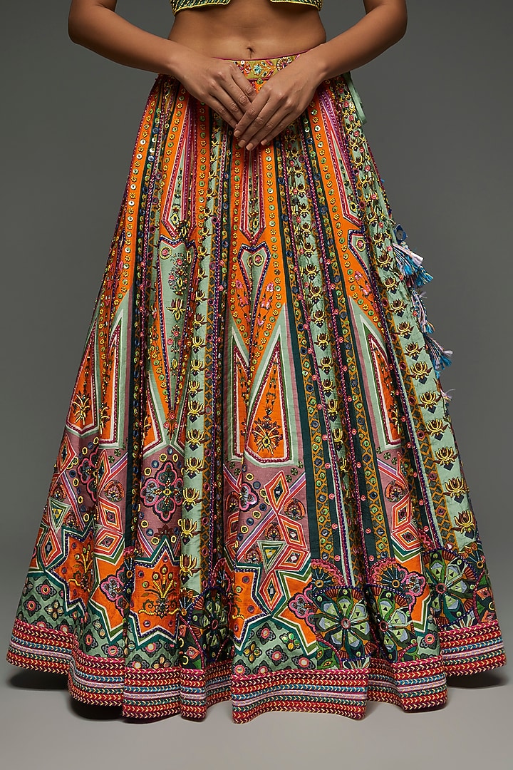 Multi-Colored Raw Silk Printed & Embroidered Wedding Lehenga Set by DiyaRajvvir at Pernia's Pop Up Shop