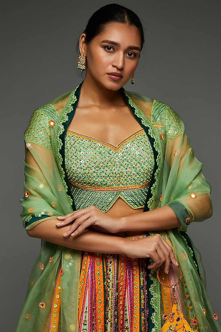 Multi-Colored Raw Silk Printed & Embroidered Wedding Lehenga Set by DiyaRajvvir at Pernia's Pop Up Shop