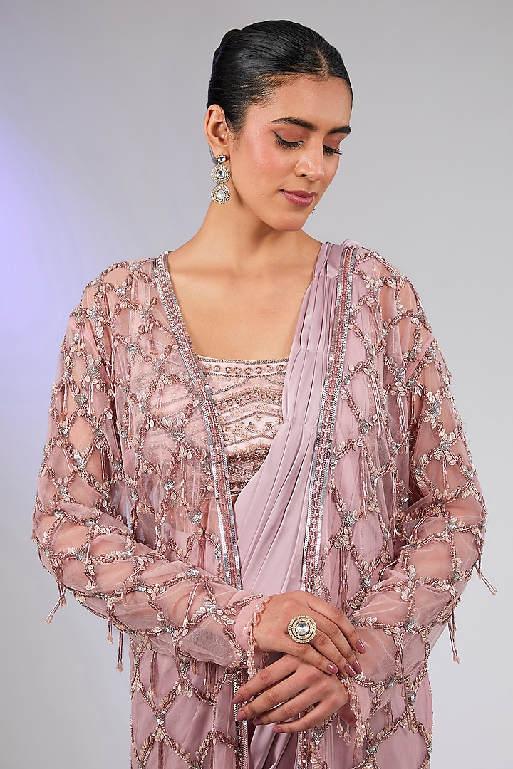 Onion Pink Armani Satin Skirt Draped Reception Saree Set by DiyaRajvvir at Pernia's Pop Up Shop
