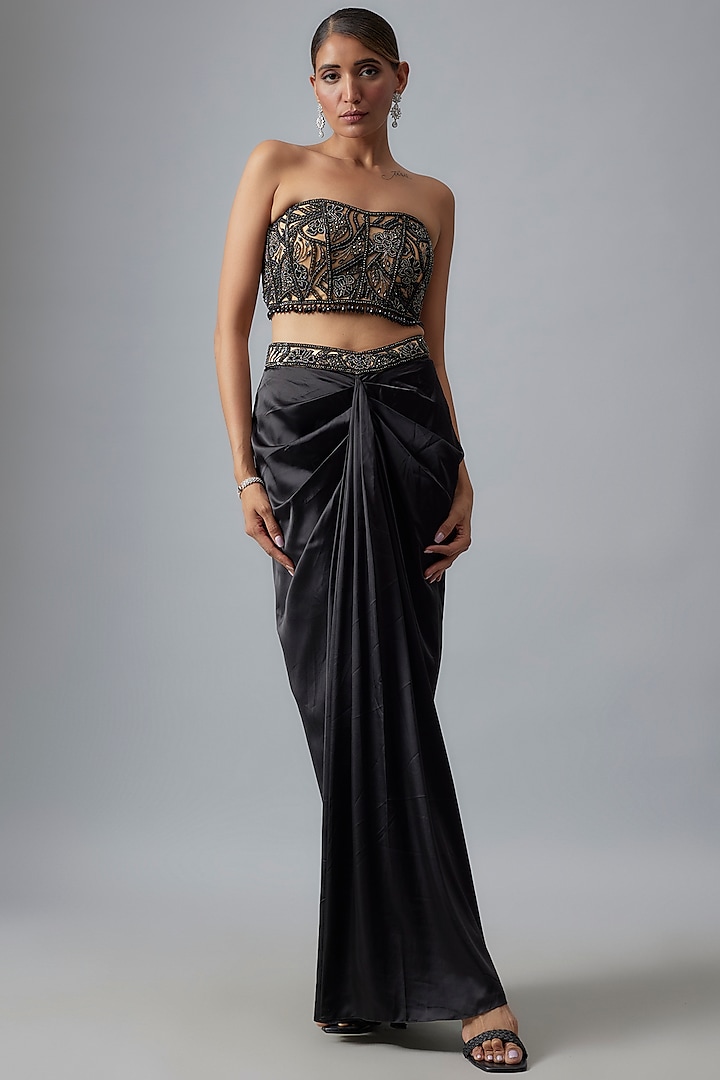 Black Tulle & Satin Floral Embroidered Dhoti Skirt Set by DiyaRajvvir at Pernia's Pop Up Shop