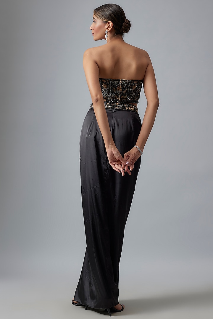 Black Tulle & Satin Floral Embroidered Dhoti Skirt Set by DiyaRajvvir at Pernia's Pop Up Shop